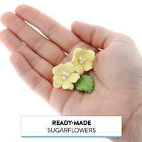 Flower Blossoms with Leaves, Edible Sugar Flowers for Cakes & Cupcakes, by Global Sugar Art, Yellow