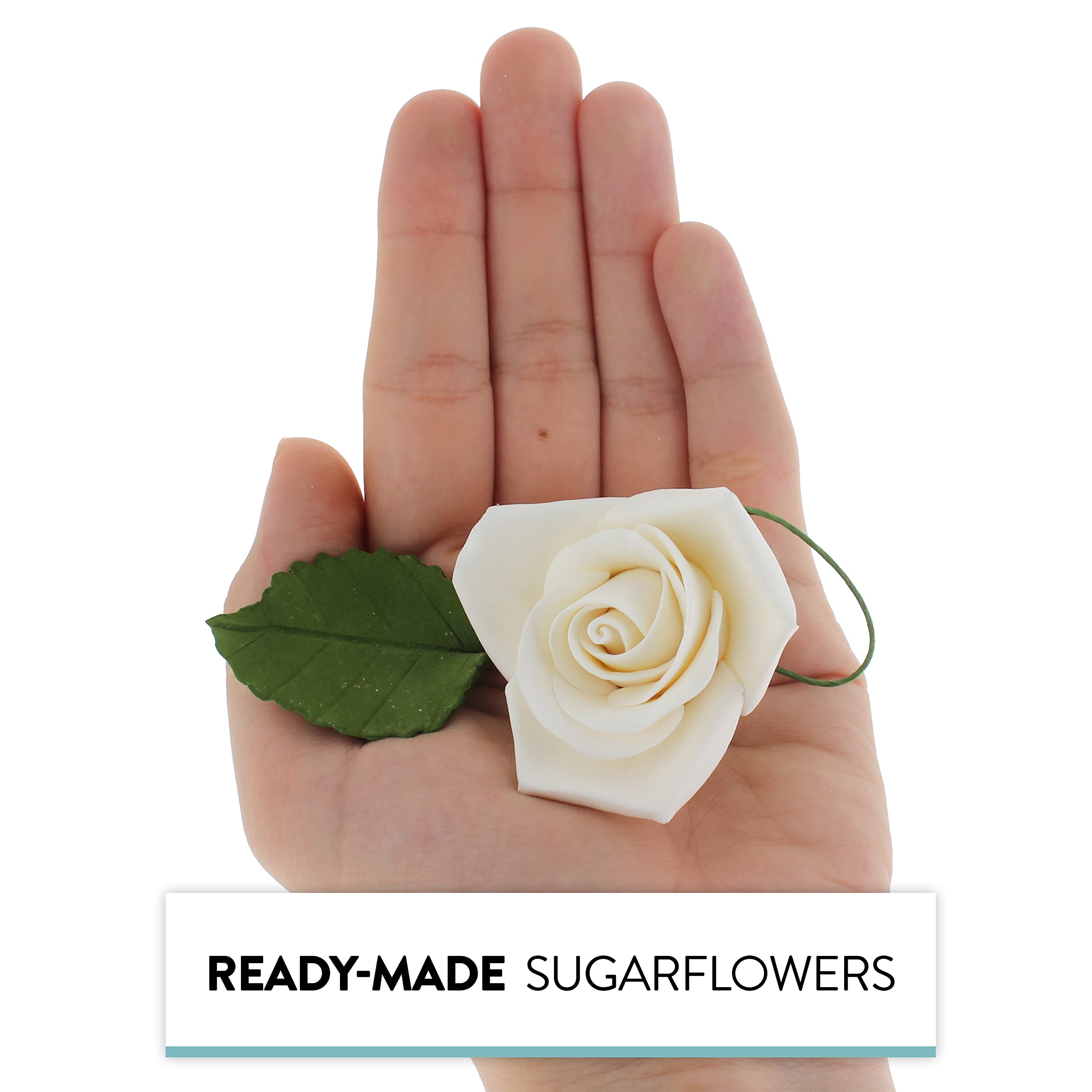 Peace Rose Sugar Flowers with Leaves, Cake Decorating Kit, by Global Sugar Art, Medium, White