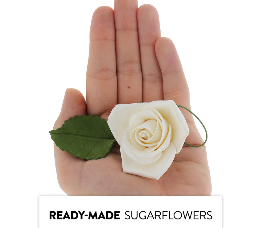 Peace Rose Sugar Flowers with Leaves, Cake Decorating Kit, by Global Sugar Art, Medium, White