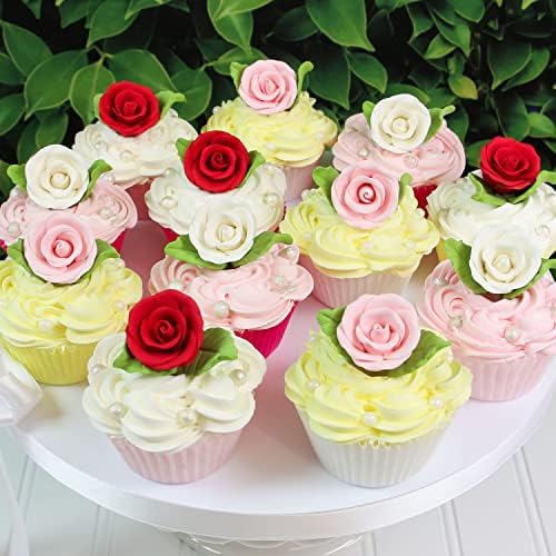 Premium Edible Roses with Leaves, Edible Sugar Cake & Cupcake Flower Kit, by Global Sugar Art, White