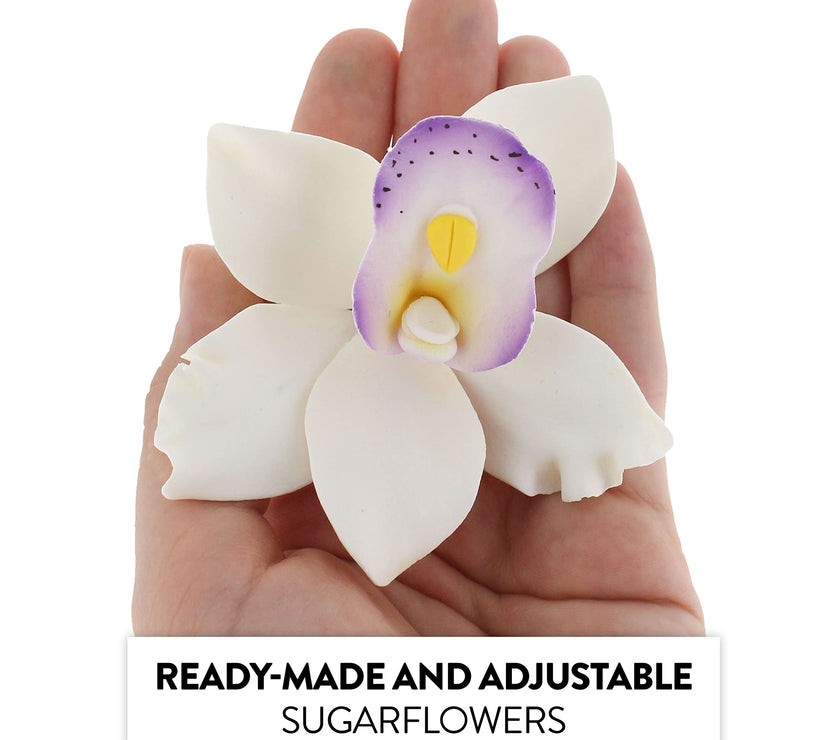 Orchid Sugar Cake Flowers, Pearly Orchids, by Global Sugar Art, Large, White with Purple, 4 Count