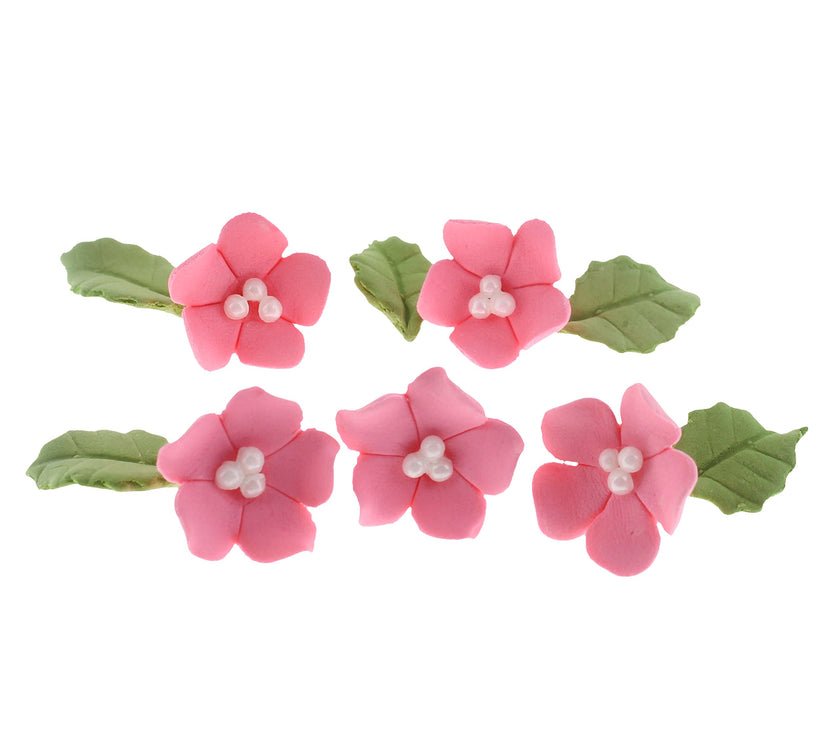 Flower Blossoms with Leaves, Edible Sugar Flowers for Cakes & Cupcakes, by Global Sugar Art, Pink