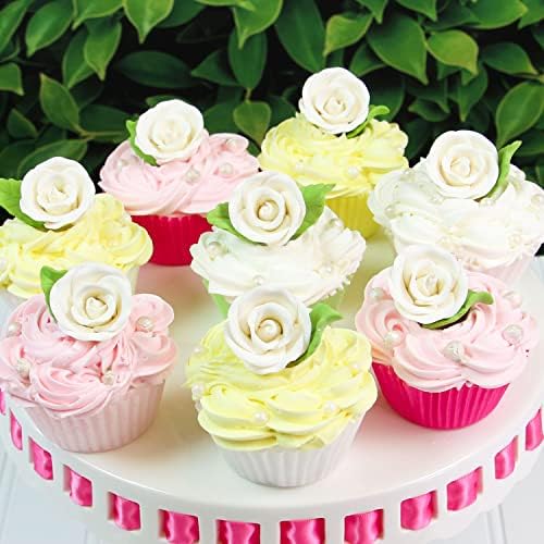 Premium Edible Roses with Leaves, Edible Sugar Cake & Cupcake Flower Kit, by Global Sugar Art, White