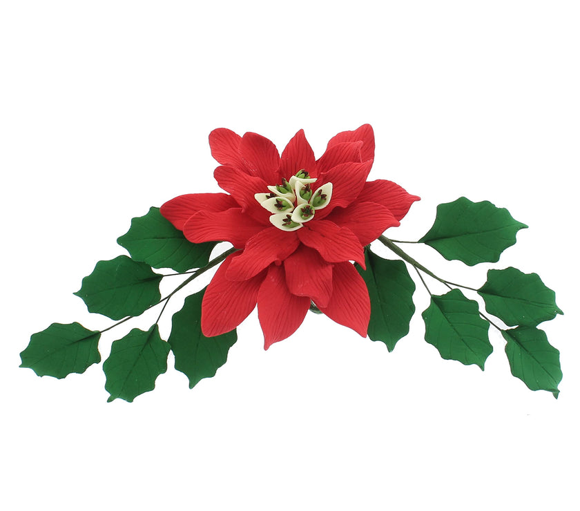 Poinsettia Sugar Flower & Holly Leaf Spray Kit for Cakes, by Global Sugar Art, Large without Berries