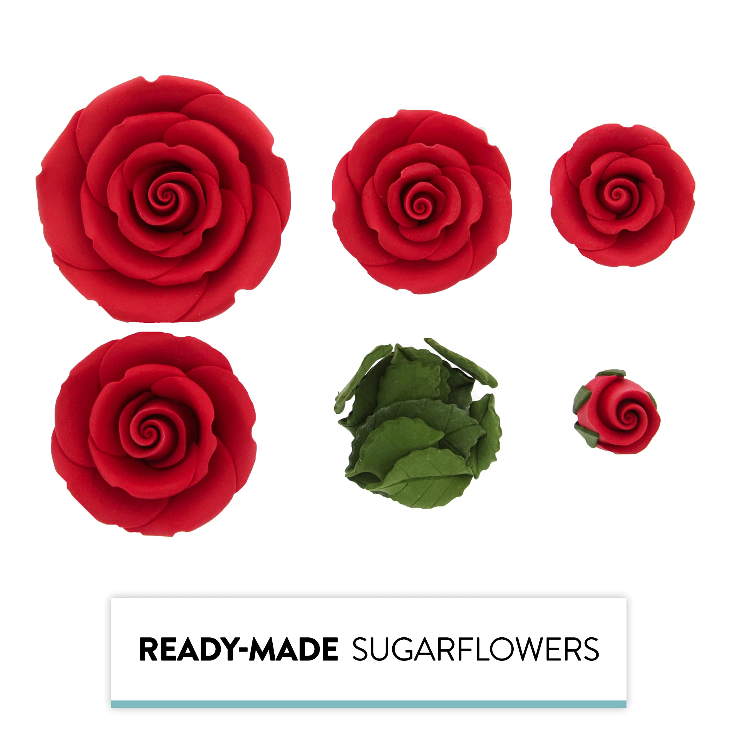 Exquisite Rose & Leaf Kit, Sugar Cake Flowers by Global Sugar Art, Red Roses with Leaves, 15-Piece Set