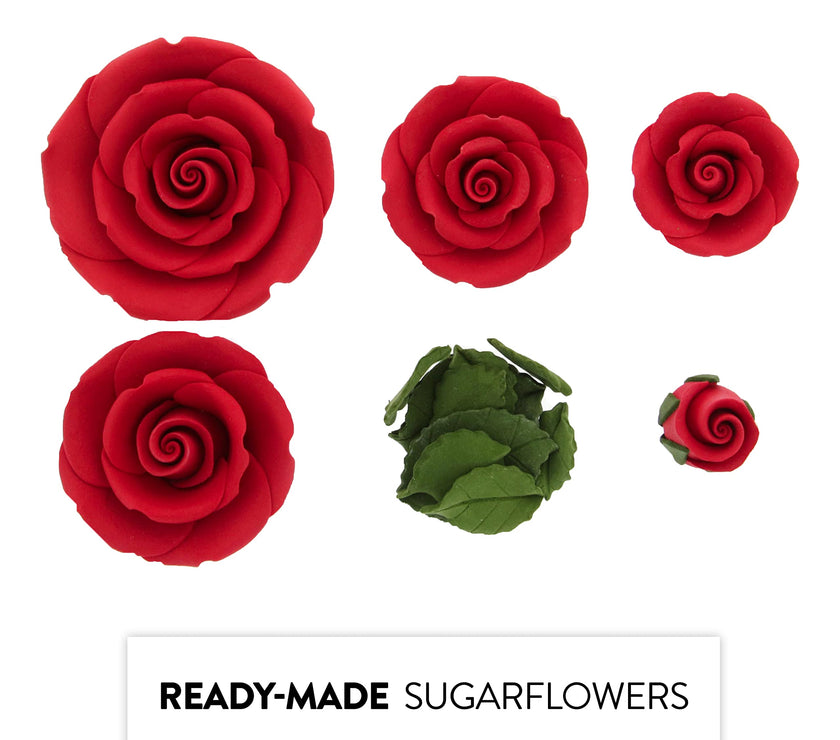 Exquisite Rose & Leaf Kit, Sugar Cake Flowers by Global Sugar Art, Red Roses with Leaves, 15-Piece Set