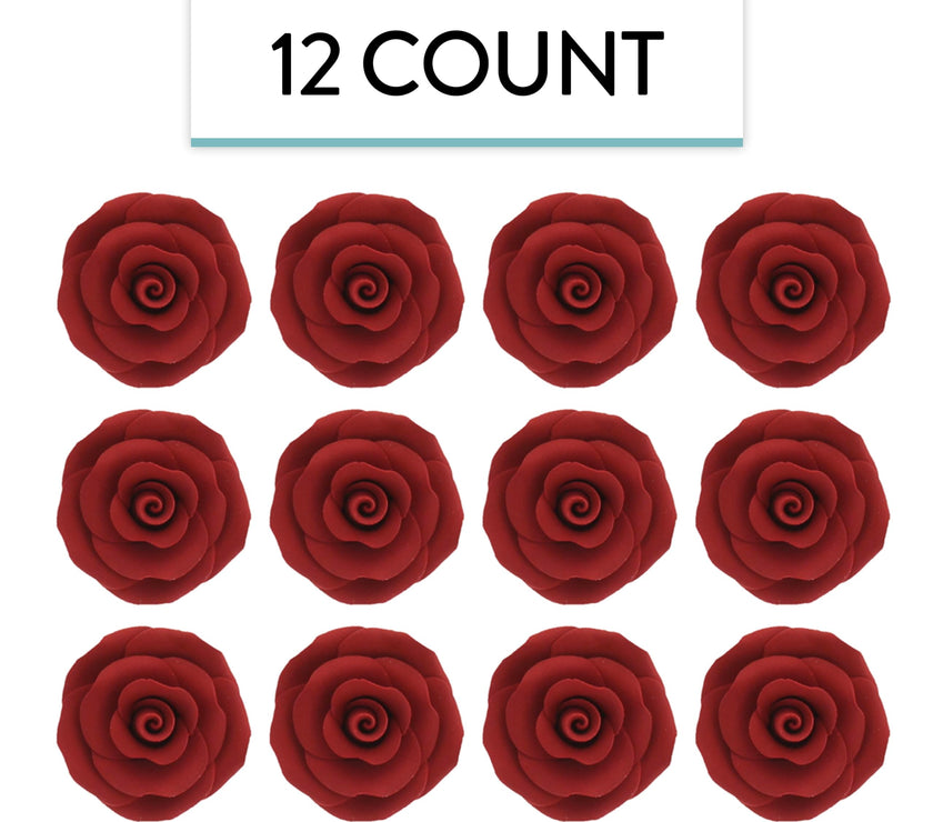 Deluxe Red Roses for Cake Decorating, Premium Unwired Sugar Flowers by Global Sugar Art, Red, Large