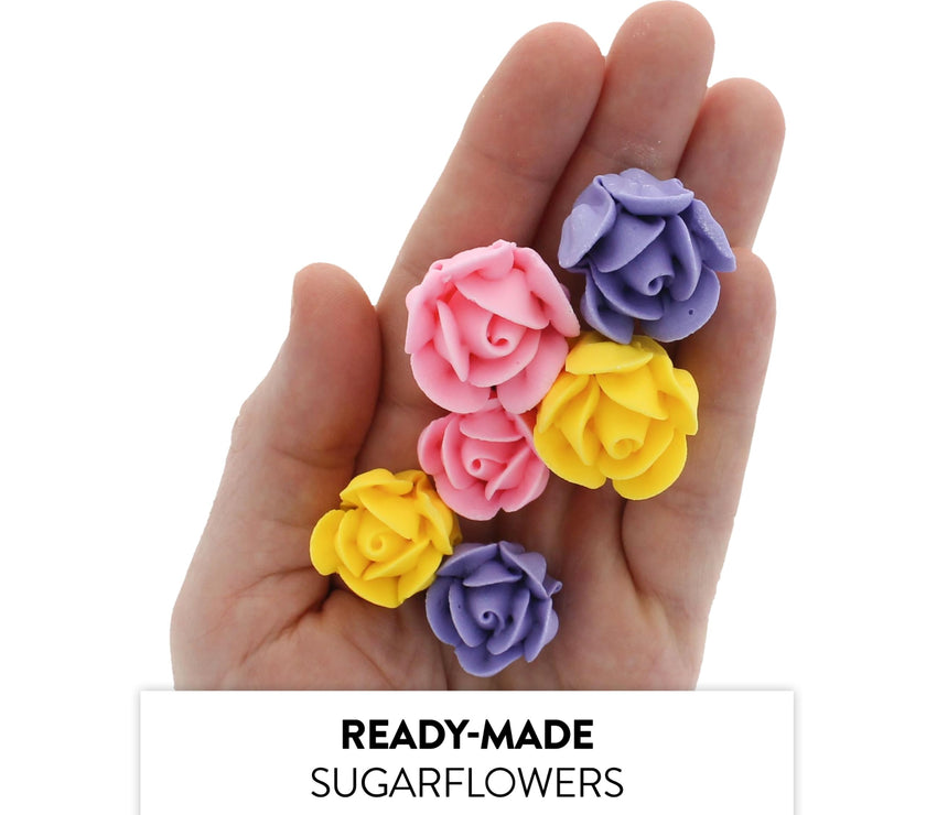 Edible Royal Icing Roses, Two Dozen Roses for Cupcake Decorating, by Global Sugar Art, Pink, Lavender, & Yellow Rose Set