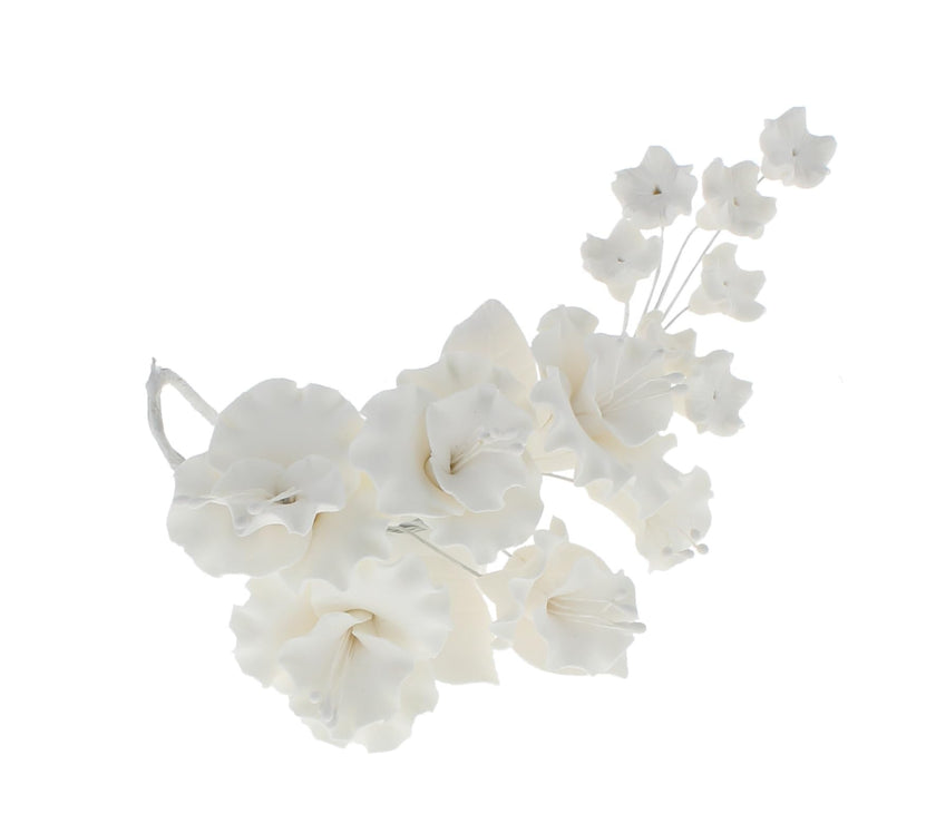 Flower Blossom Spray, Gum Paste Sugar Flowers for Cake Decorating, White Cherry Blossoms with Leaves