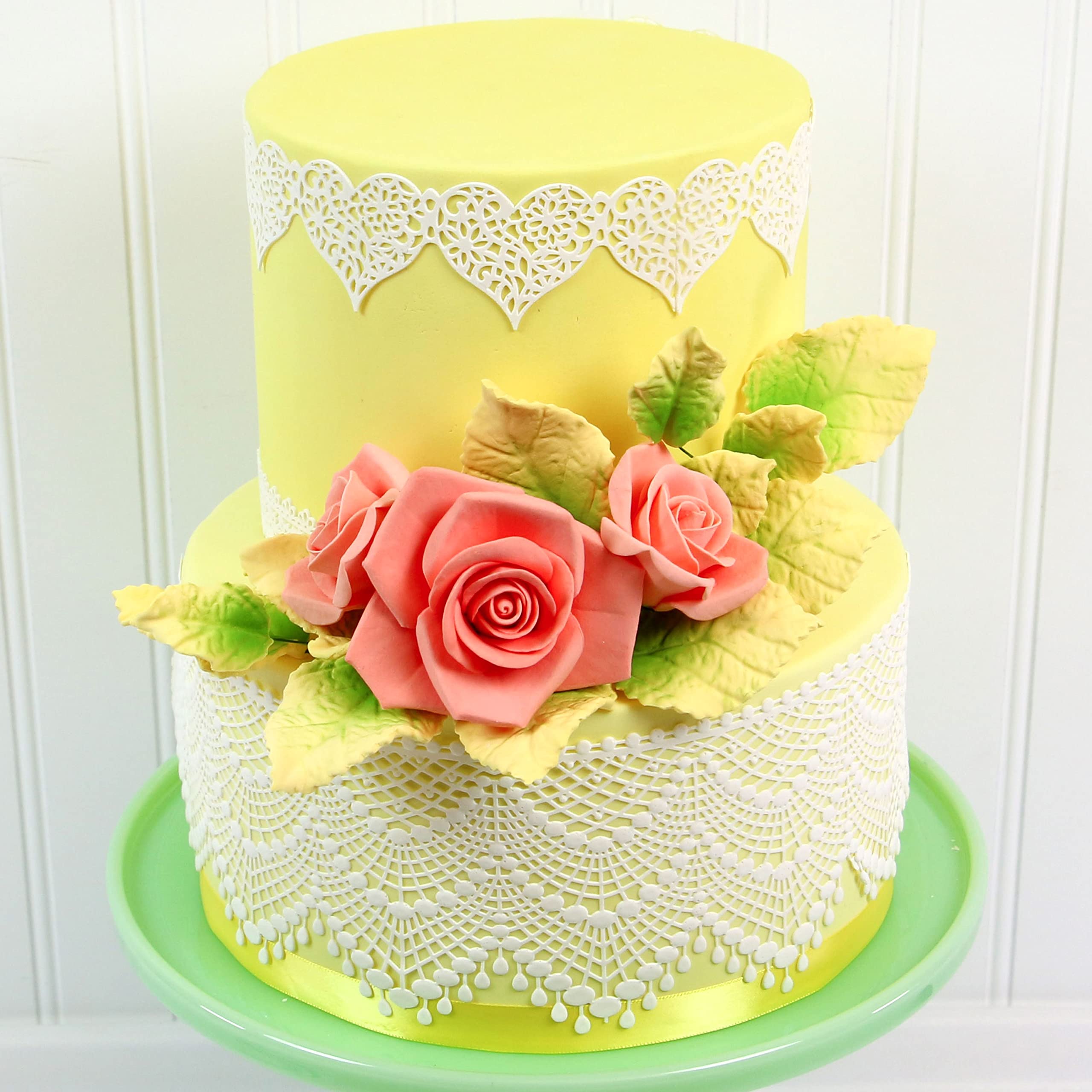 Pale Yellow and Green Rose Leaf Spray, Cake Decoration by Global Sugar Art, 3 Count