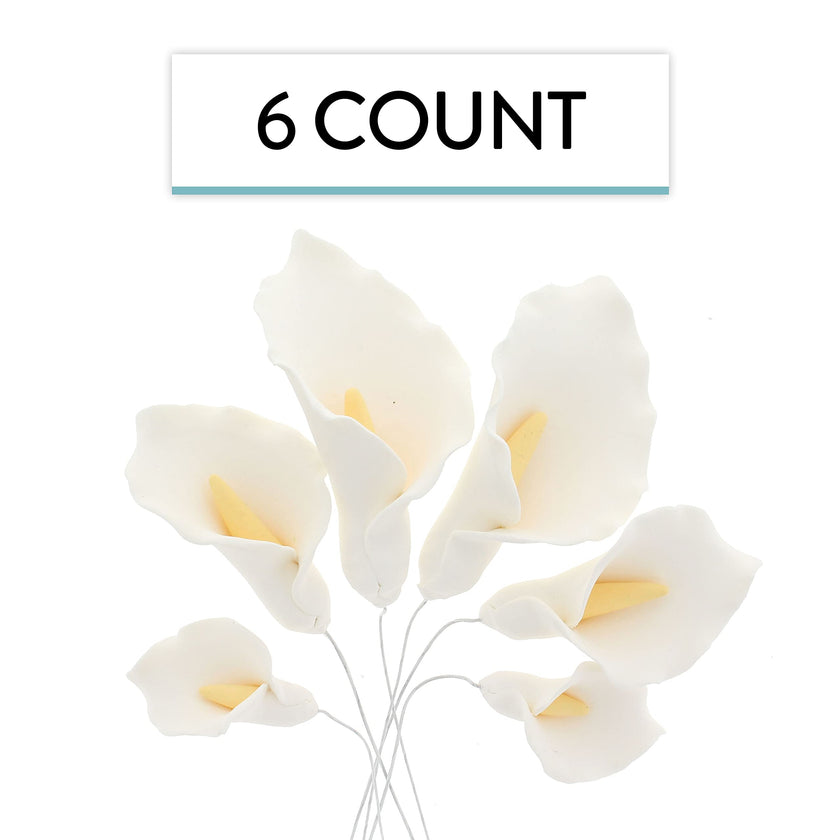Calla Lily Sugar Cake Flowers by Global Sugar Art, White with Yellow, Wired, 3 Sizes, 6 Count