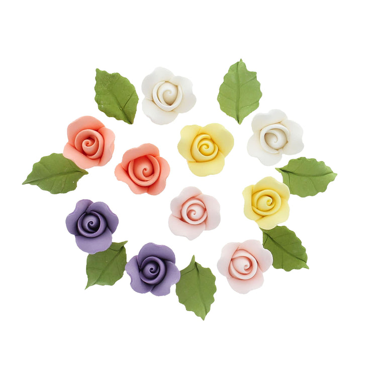 Roses & Leaves Gum Paste Cake Flowers 30 Count Sugar Flowers by Global Sugar Art