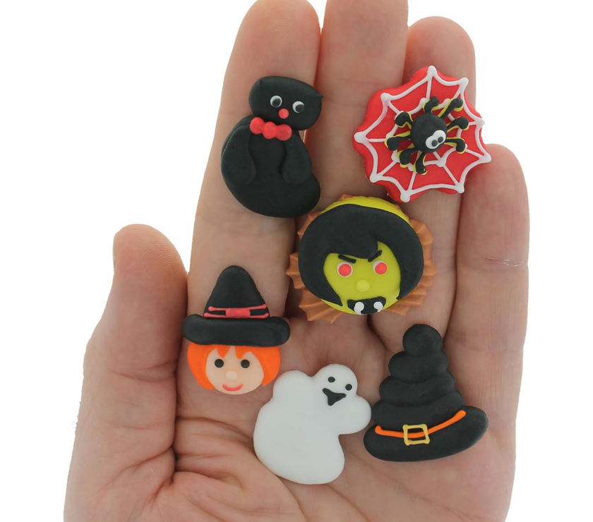 Halloween Cupcake Toppers, Edible Royal Icing Decorations by Global Sugar Art (Witch & Cat)