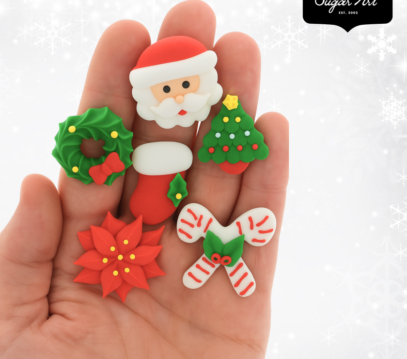 Christmas Cupcake Toppers, Edible Royal Icing Decorations, by Global Sugar Art (Wreath Poinsettia)