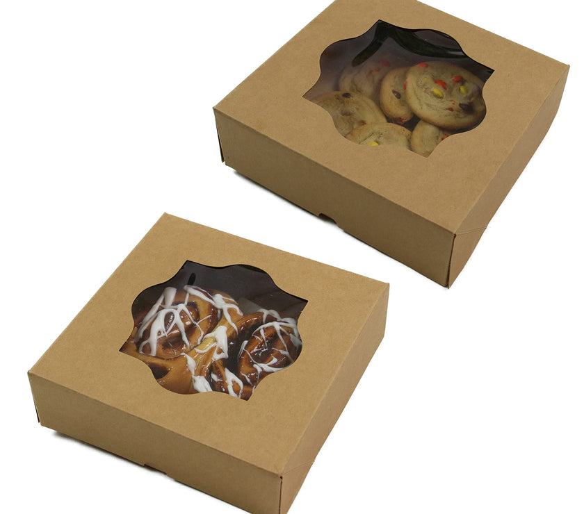 Kraft Pastry Boxes with Windows, Natural Brown, Auto Popup, Sturdy
