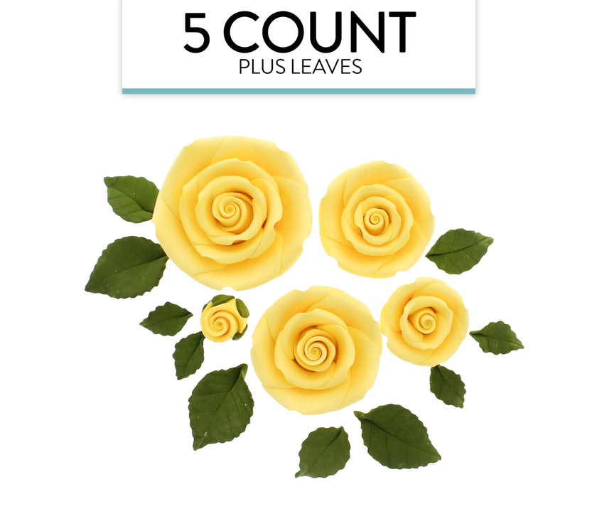Exquisite Rose & Leaf Kit, Sugar Cake Flowers by Global Sugar Art, Yellow Roses with Leaves, 15-Piece Set