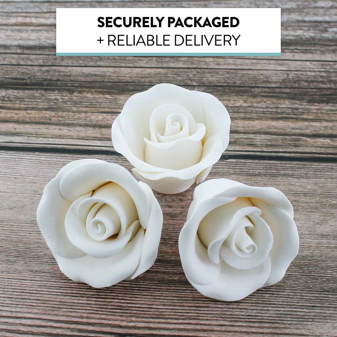 Deluxe White Roses for Cake Decorating, Premium Unwired Sugar Flowers by Global Sugar Art, White, Small