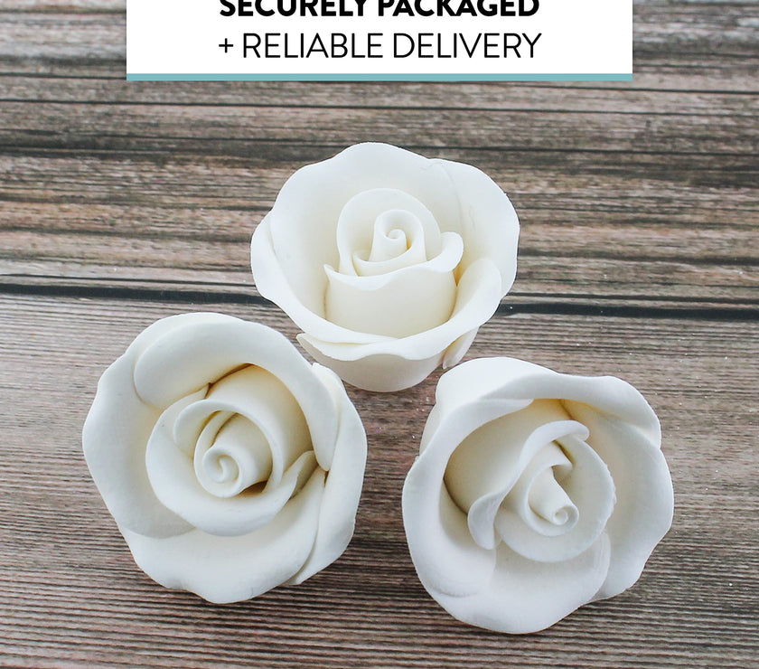 Deluxe White Roses for Cake Decorating, Premium Unwired Sugar Flowers by Global Sugar Art, White, Small