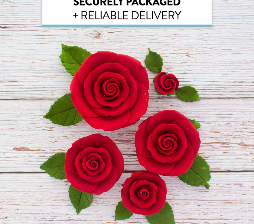 Exquisite Rose & Leaf Kit, Sugar Cake Flowers by Global Sugar Art, Red Roses with Leaves, 15-Piece Set