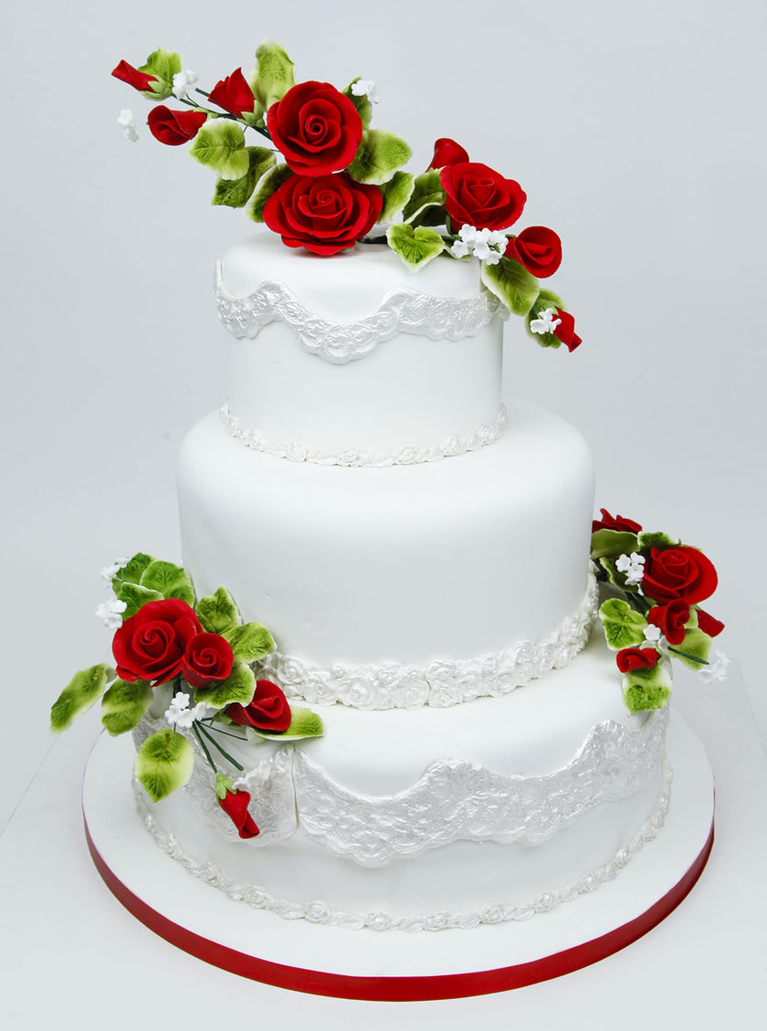 Classic Tea Rose Sugar Cake Flowers, by Global Sugar Art, Wired, Red with Green Calyx, Small