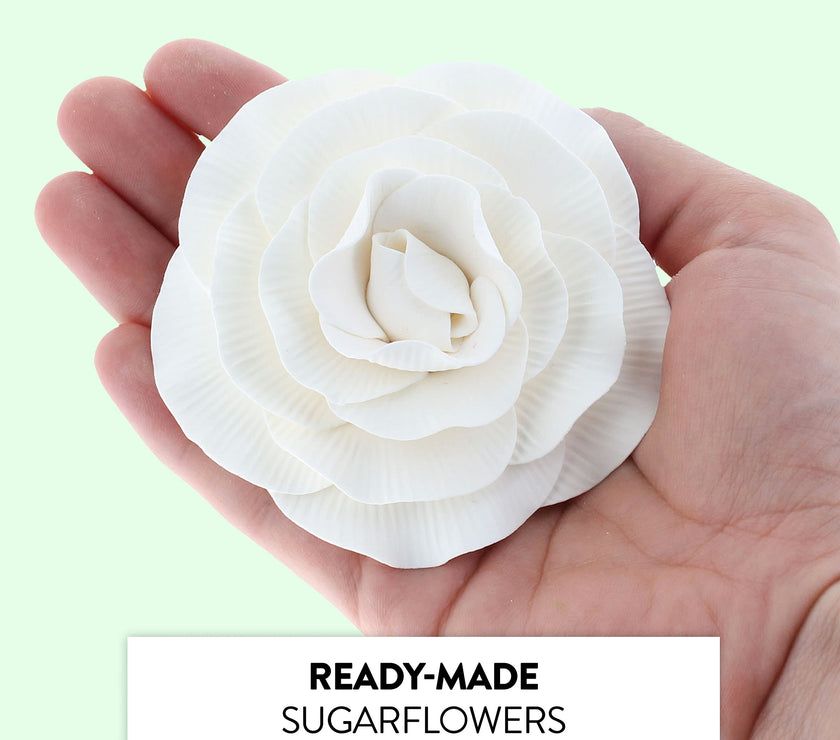 Peony Rose Sugar Cake Flowers, by Global Sugar Art, White, 4 Count