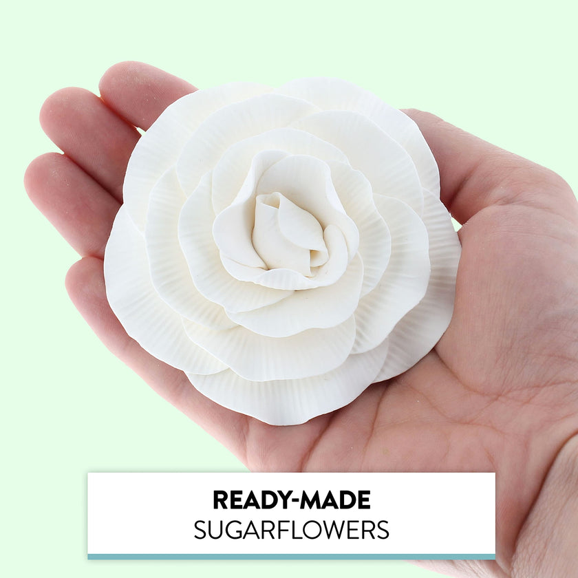 Peony Rose Sugar Cake Flowers, by Global Sugar Art, White, 4 Count