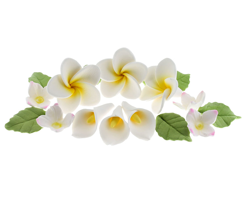 Tropical Flower Kit with Leaves, Gum Paste Frangipani Plumeria Cake Flowers, 36 Count Set, by Global Sugar Art