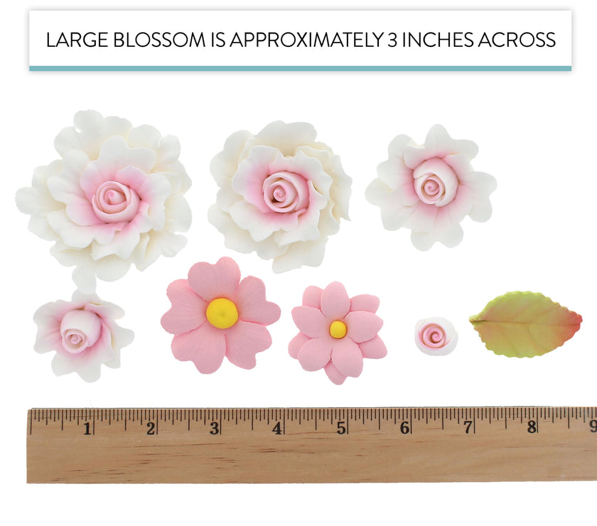 Ruffled Rose and Blossom Set, Sugar Flowers for Cakes, by Global Sugar Art, White and Pink
