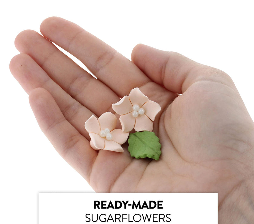 Flower Blossoms with Leaves, Edible Sugar Flowers for Cakes & Cupcakes, by Global Sugar Art, Peach