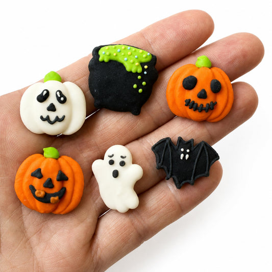 Halloween Cupcake Toppers Cauldron Pack - 6 edible royal icing designs in hand