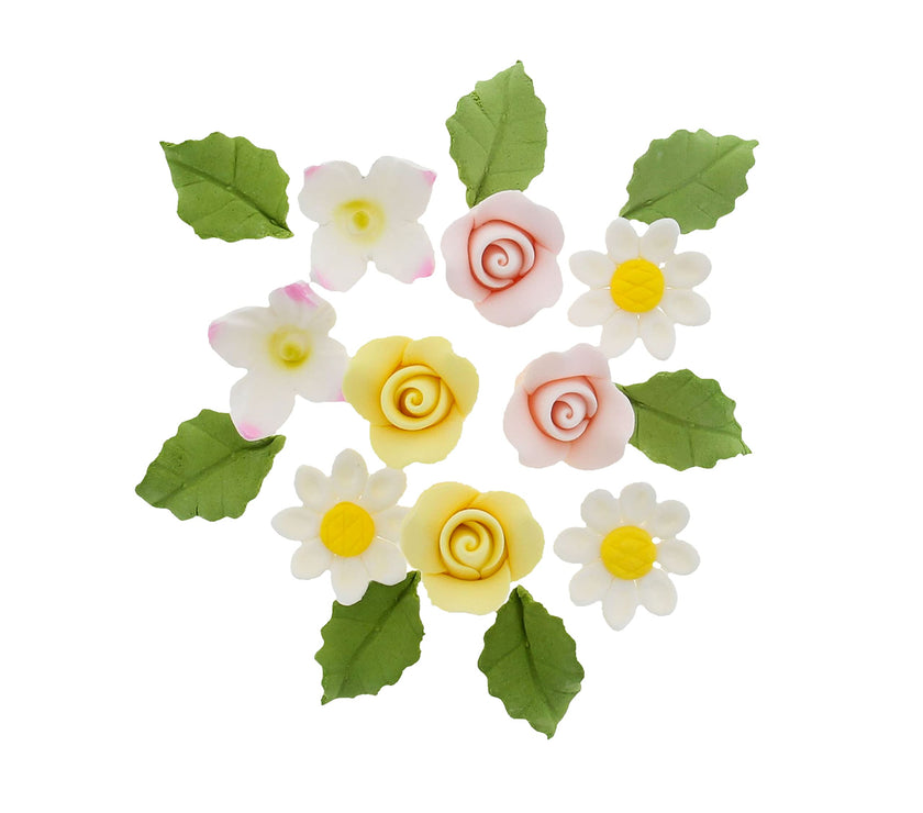 Roses, Blossoms & Leaves Gum Paste Cake Flowers 42 Count Sugar Flowers by Global Sugar Art