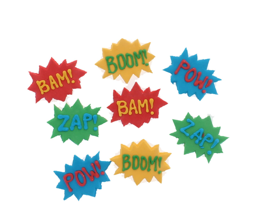 Super Power Comic Book Action Words, Edible Kosher Royal Icing Decorations for Cakes, Cupcakes and Cookies, by Global Sugar Art, 24 Count