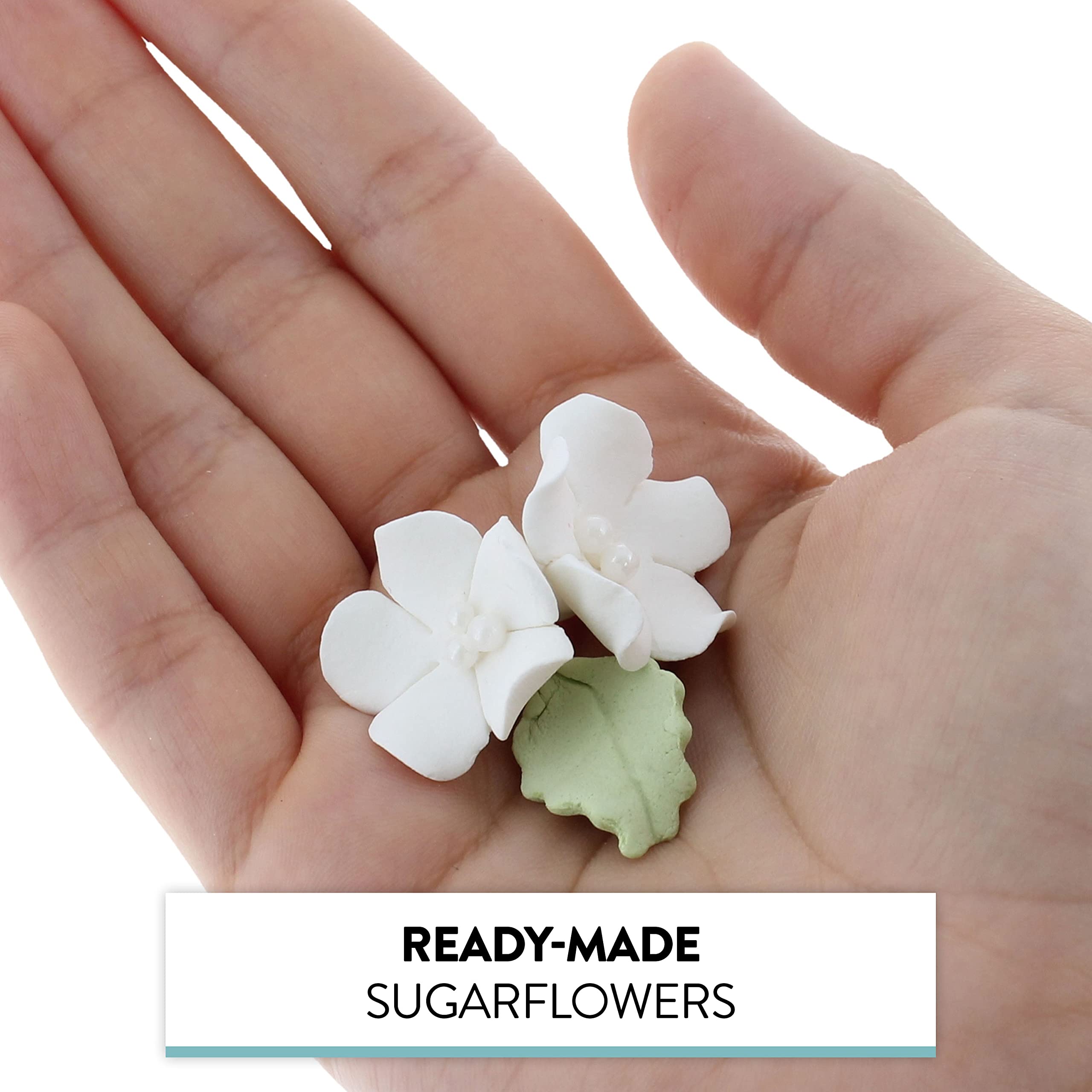 Flower Blossoms with Leaves, Edible Sugar Flowers for Cakes & Cupcakes, by Global Sugar Art, White