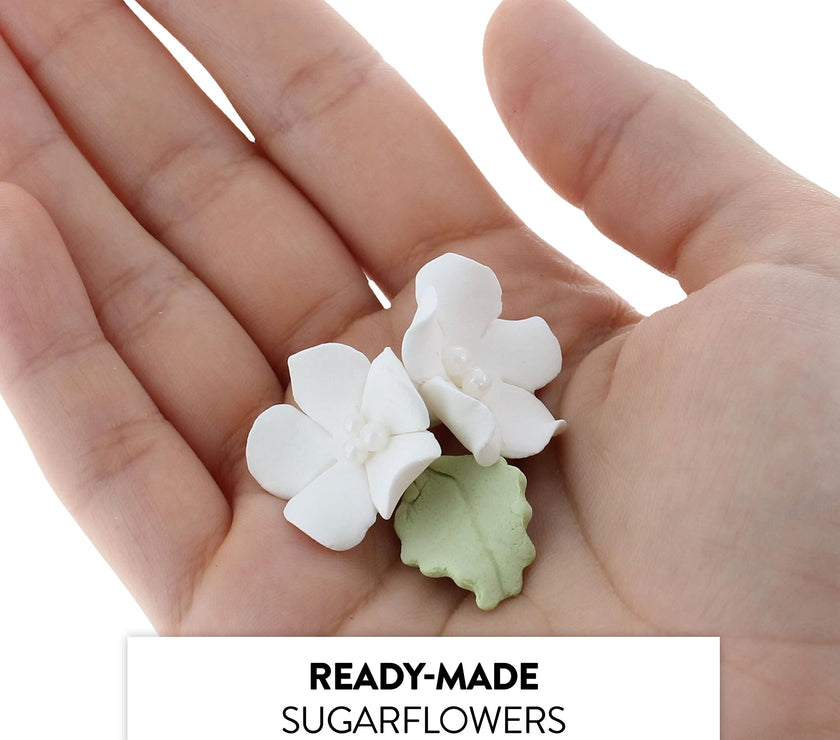 Flower Blossoms with Leaves, Edible Sugar Flowers for Cakes & Cupcakes, by Global Sugar Art, White