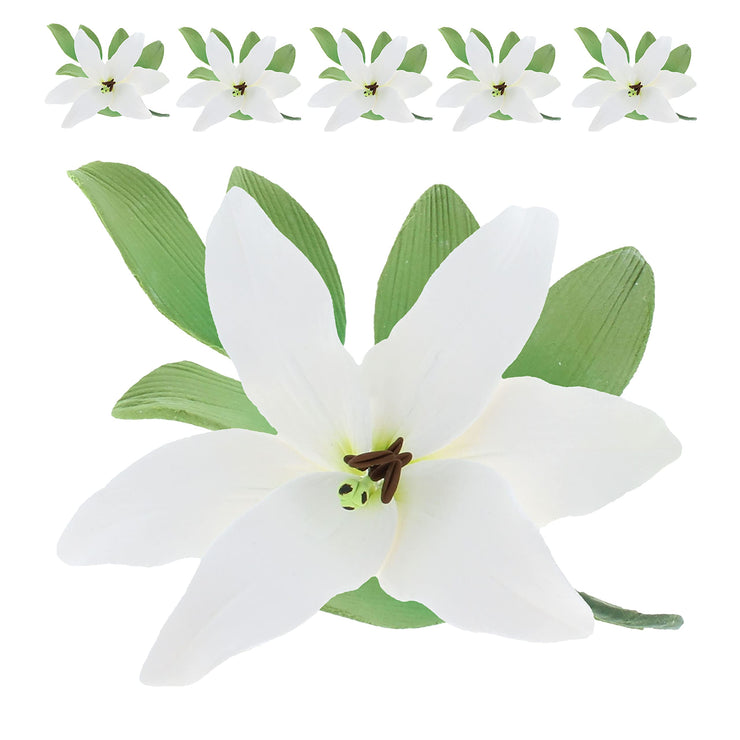 Easter Lily Sugar Flowers, Longiflorum Lilies with Leaf Sprays, by Global Sugar Art, White, 3 Count