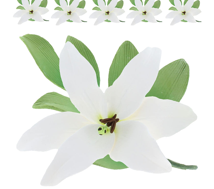 Easter Lily Sugar Flowers, Longiflorum Lilies with Leaf Sprays, by Global Sugar Art, White, 3 Count
