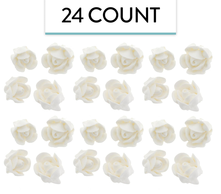 Edible Royal Icing Roses, Two Dozen Roses for Cupcake Decorating, by Global Sugar Art, White Rose Set