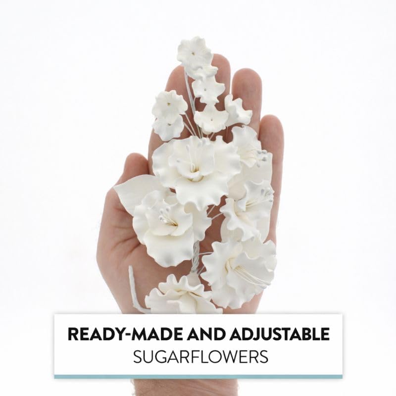 Flower Blossom Spray, Gum Paste Sugar Flowers for Cake Decorating, White Cherry Blossoms with Leaves