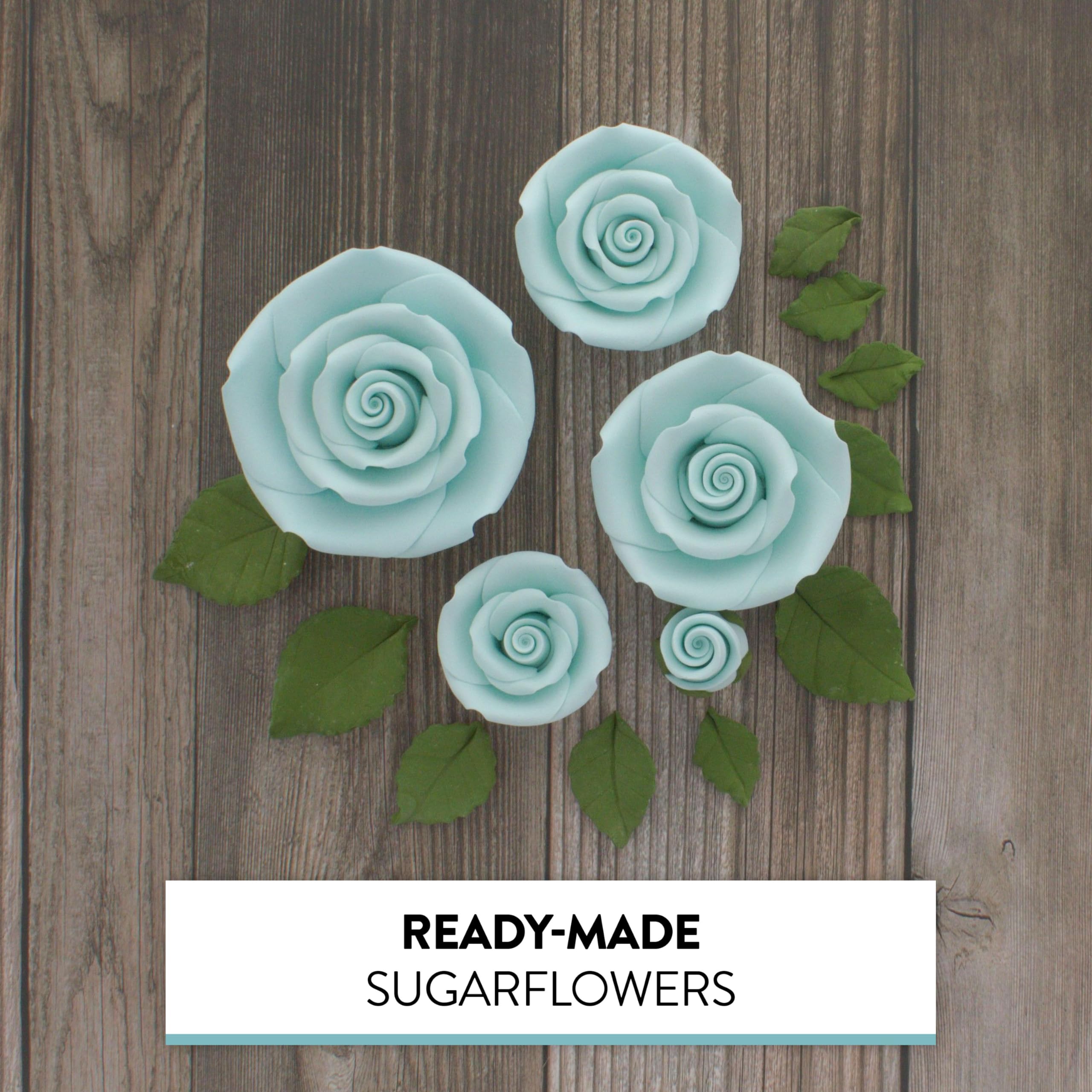 Exquisite Rose & Leaf Kit, Sugar Cake Flowers by Global Sugar Art, Baby Blue Roses with Leaves, 15-Piece Set