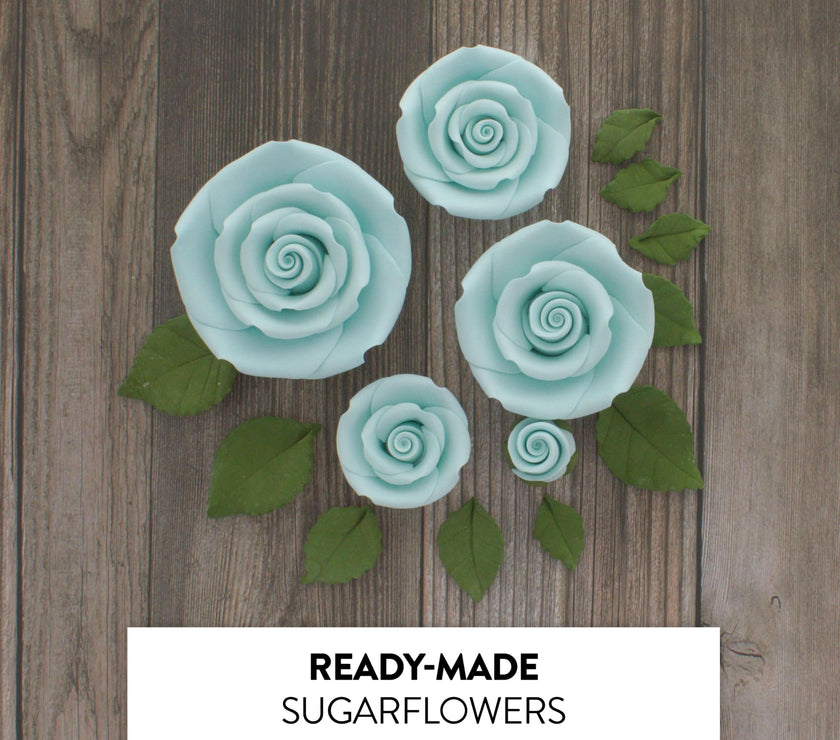 Exquisite Rose & Leaf Kit, Sugar Cake Flowers by Global Sugar Art, Baby Blue Roses with Leaves, 15-Piece Set