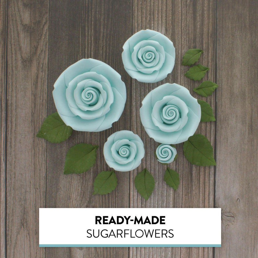 Exquisite Rose & Leaf Kit, Sugar Cake Flowers by Global Sugar Art, Baby Blue Roses with Leaves, 15-Piece Set