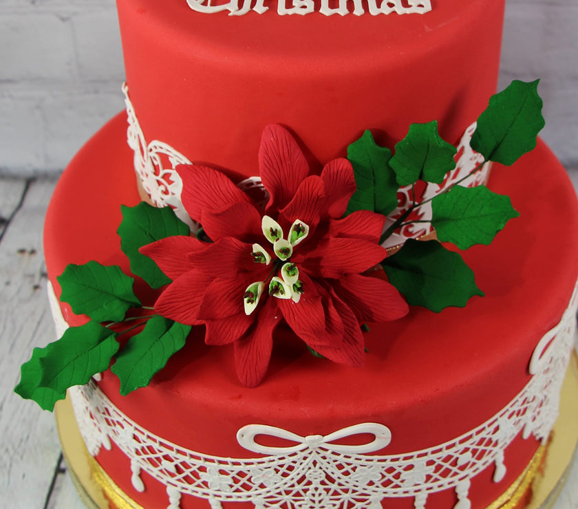 Poinsettia Sugar Flower & Holly Leaf Spray Kit for Cakes, by Global Sugar Art, Large without Berries