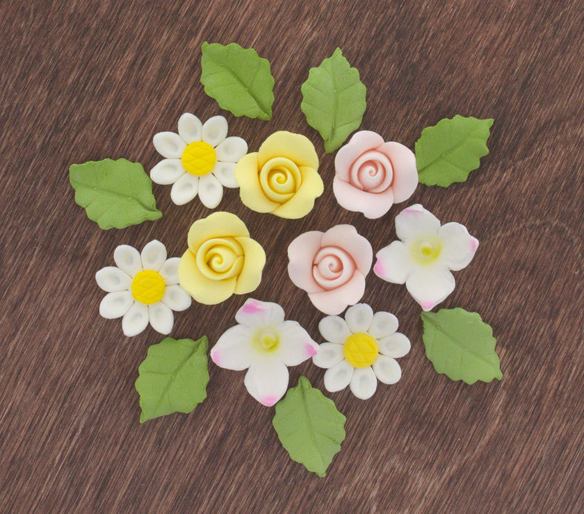 Roses, Blossoms & Leaves Gum Paste Cake Flowers 42 Count Sugar Flowers by Global Sugar Art