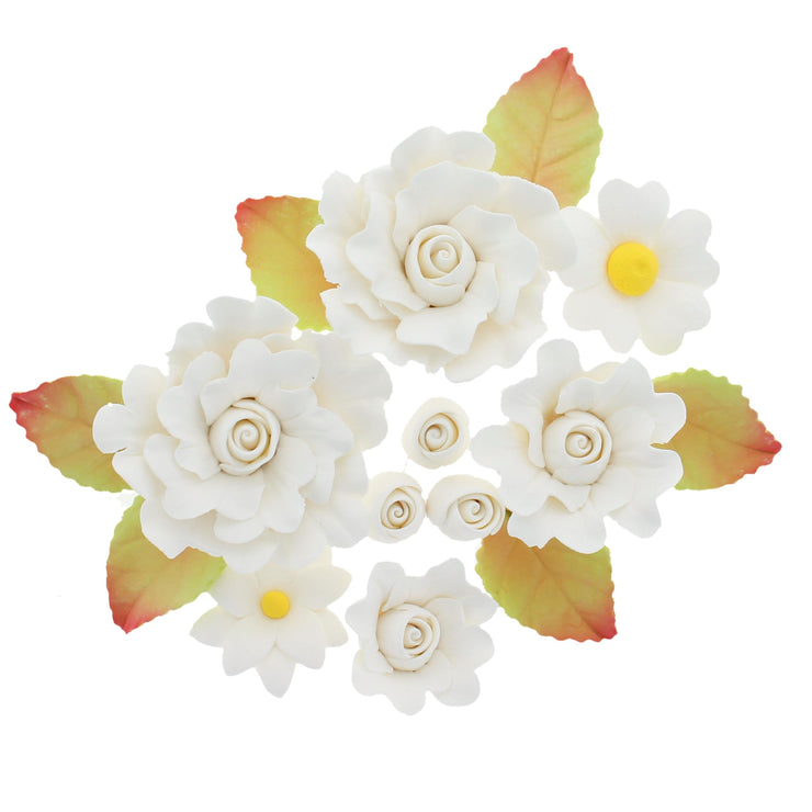 Ruffled Rose and Blossom Set, Sugar Flowers for Cakes, by Global Sugar Art, White