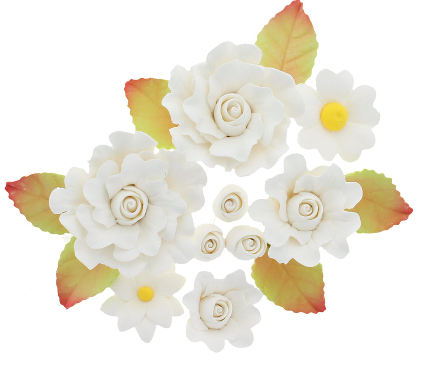 Ruffled Rose and Blossom Set, Sugar Flowers for Cakes, by Global Sugar Art, White