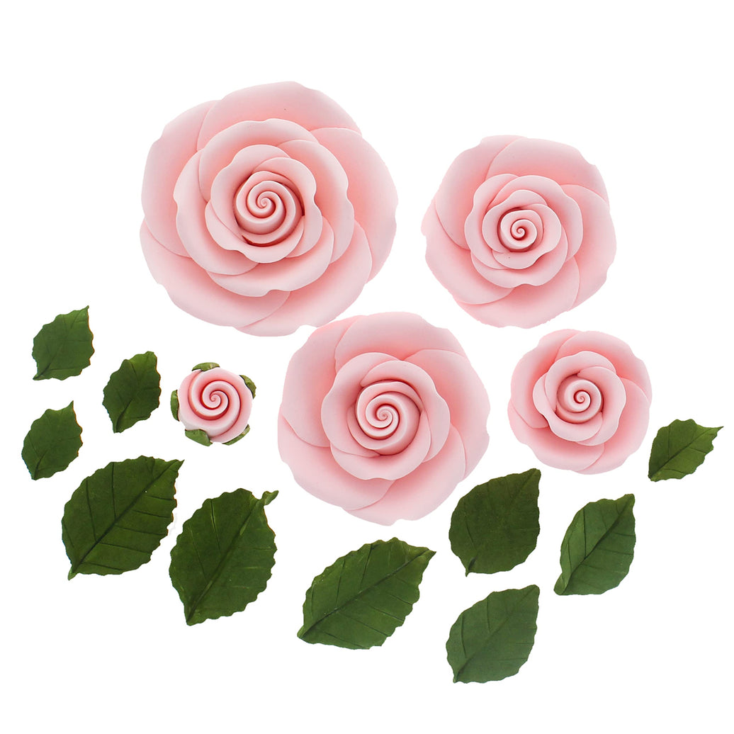 Exquisite Rose & Leaf Kit, Sugar Cake Flowers by Global Sugar Art, Pink Roses with Leaves, 15-Piece Set