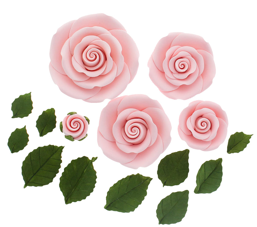 Exquisite Rose & Leaf Kit, Sugar Cake Flowers by Global Sugar Art, Pink Roses with Leaves, 15-Piece Set