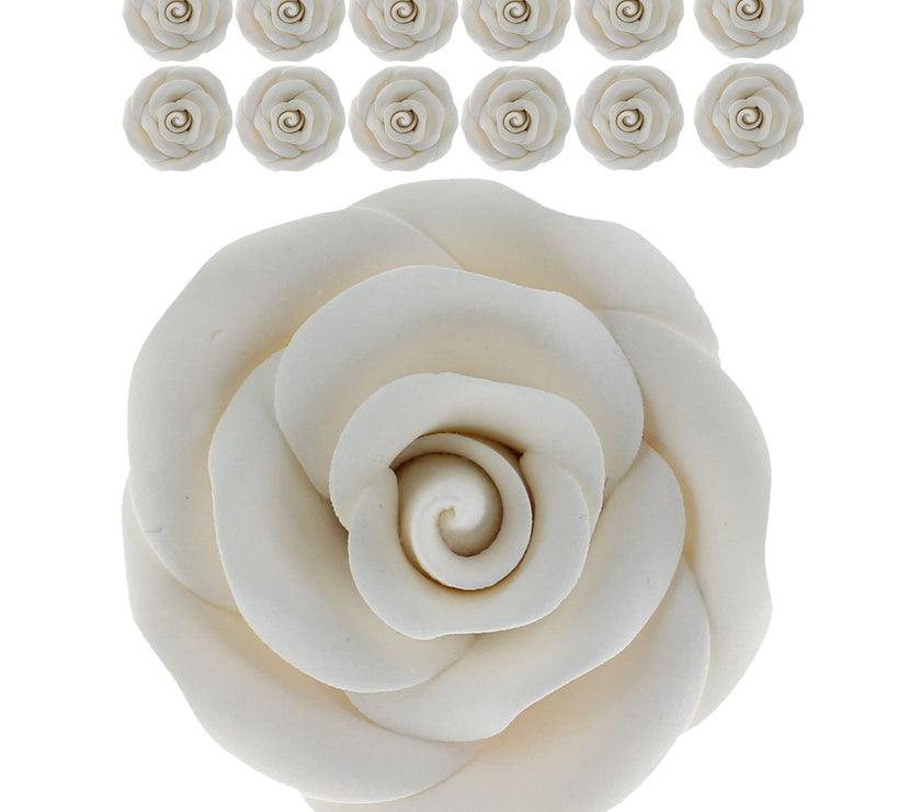 Deluxe White Roses for Cake Decorating, Premium Unwired Sugar Flowers by Global Sugar Art, White, Large
