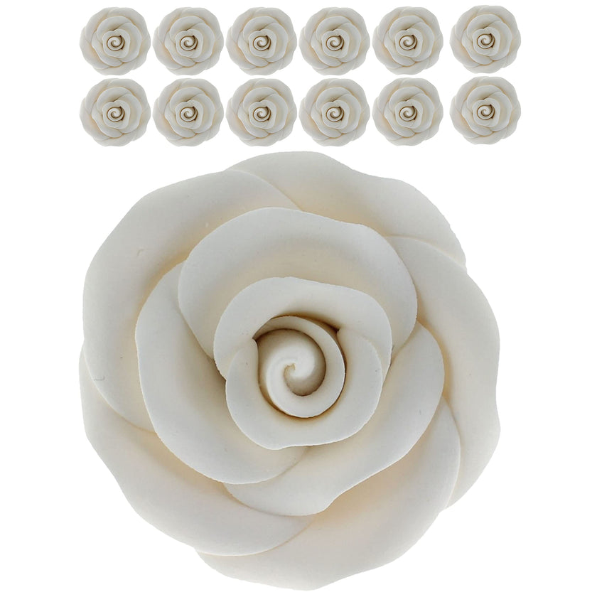 Deluxe White Roses for Cake Decorating, Premium Unwired Sugar Flowers by Global Sugar Art, White, Large
