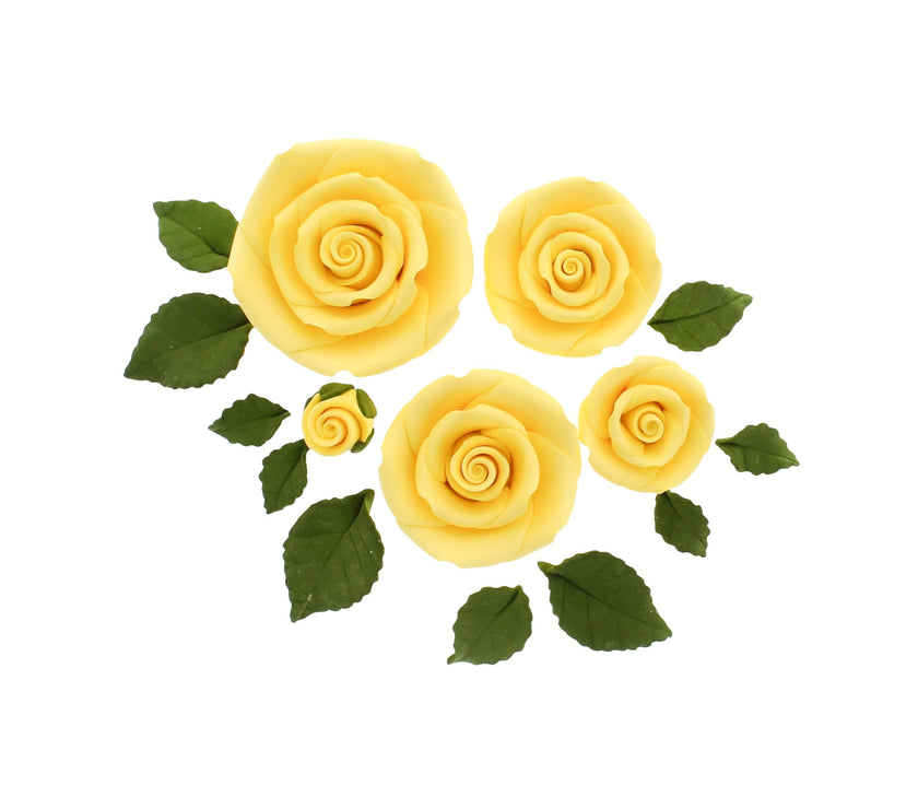 Exquisite Rose & Leaf Kit, Sugar Cake Flowers by Global Sugar Art, Yellow Roses with Leaves, 15-Piece Set